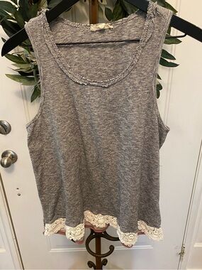 Hem & Thread Boho Mixed Fabric Tank Top w Crochet Lace Trim L